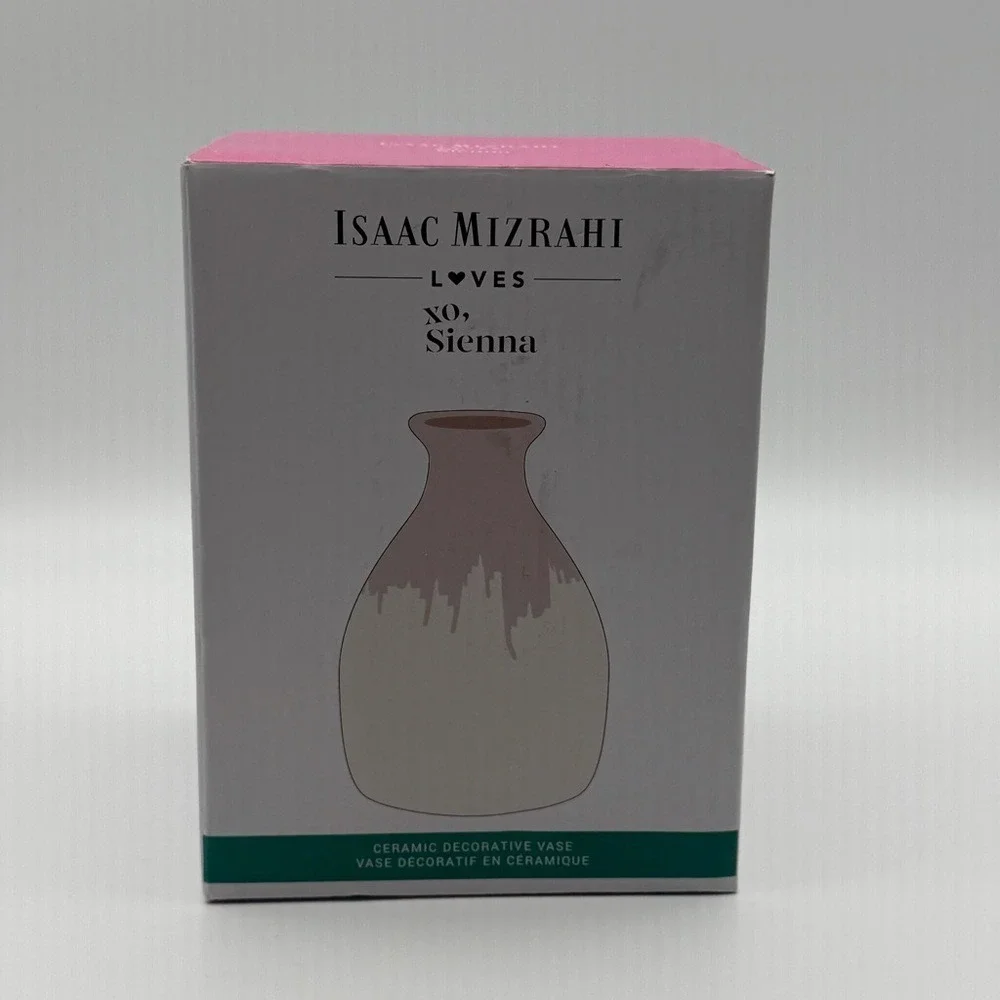 Isaac Mizrahi Loves‎ Xo Sienna Vase Ceramic Pottery Cream Hand Dipped Pink Glaze